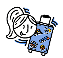 Dessin d'une femme accompagnée de sa valise pleine de stickers de voyage